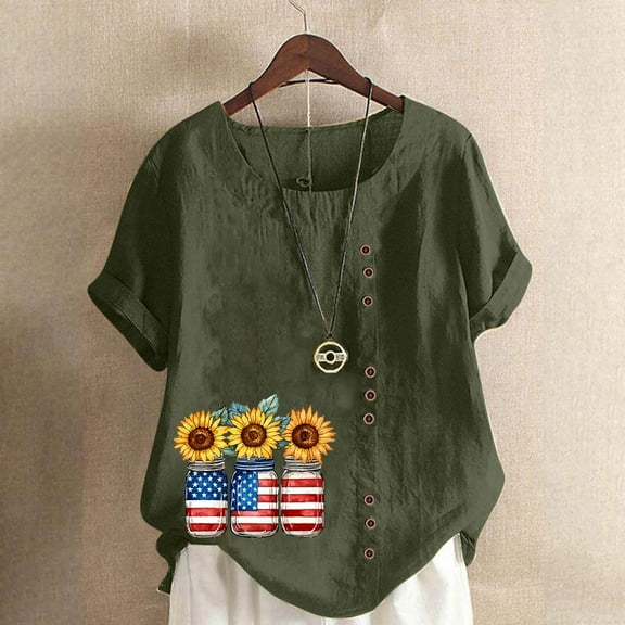 Xdegoge Saved for Later Items List In My Account Linen Shirts Women Short Sleeve Crew Neck Tops Floral Summer Fashion Tunic Shirts Loose Fit Casual Blouses Y2K Plus Size Tee Shirts Ropa Mujer