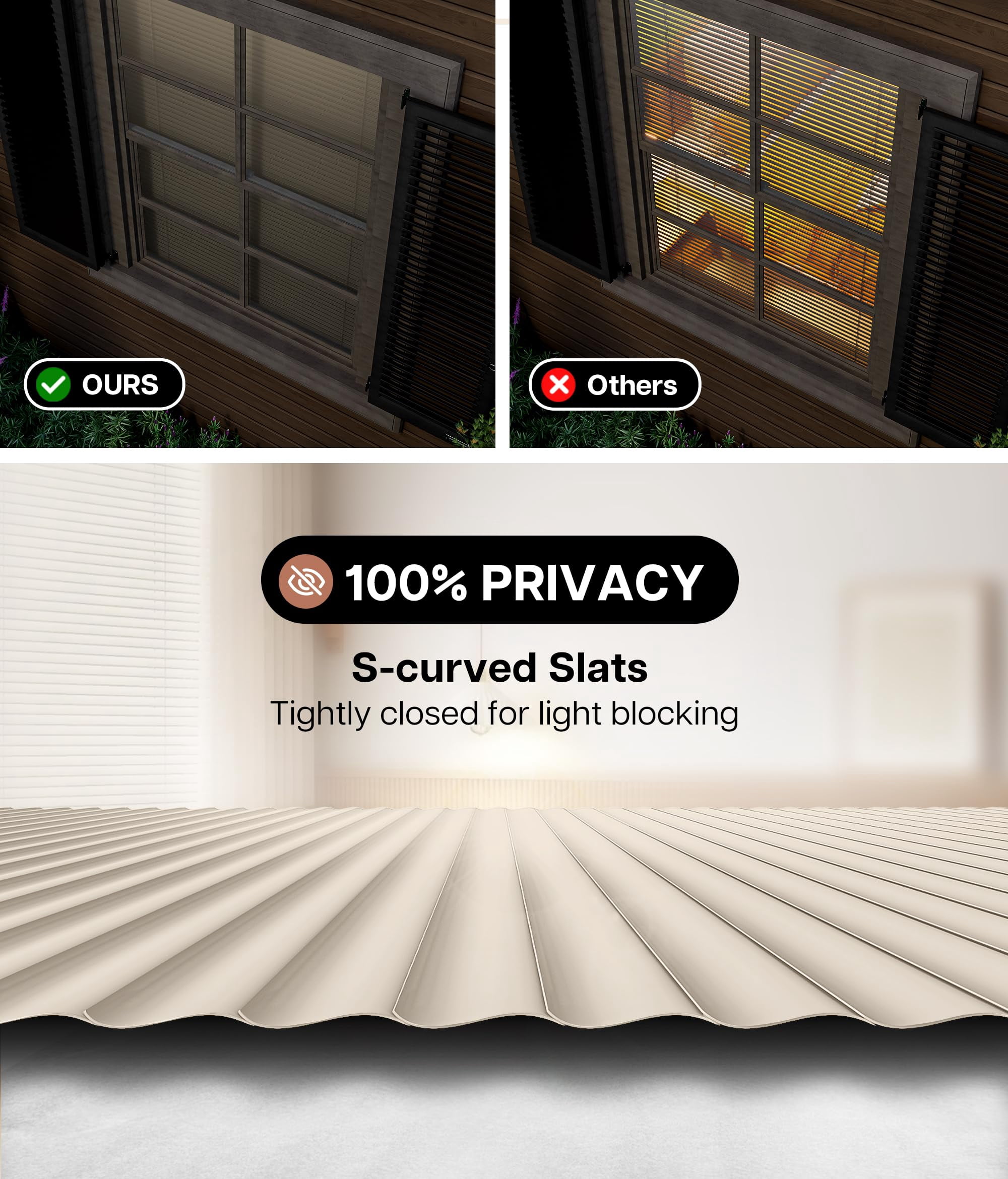 LazBlinds No Tools No Drill Cordless 1" Vinyl Mini Blinds, 100% Privacy S-Curve Blinds for Indoor Windows, Room Darkening Horizontal Window Blinds and Shades for Home, 34 1/2" W x 48" H, Beige