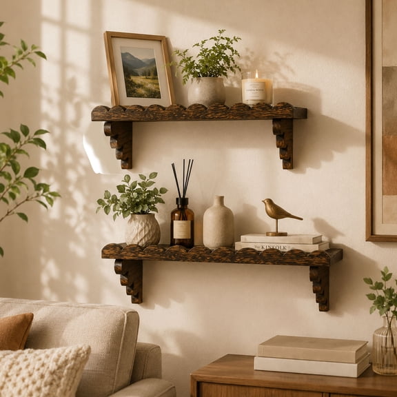2 Pieces Scalloped Wood Wall Shelf 15.75 Inch Floating Shelf with Wood Bracket Easy to Install for Living Room Bedroom Bathroom Kitchen