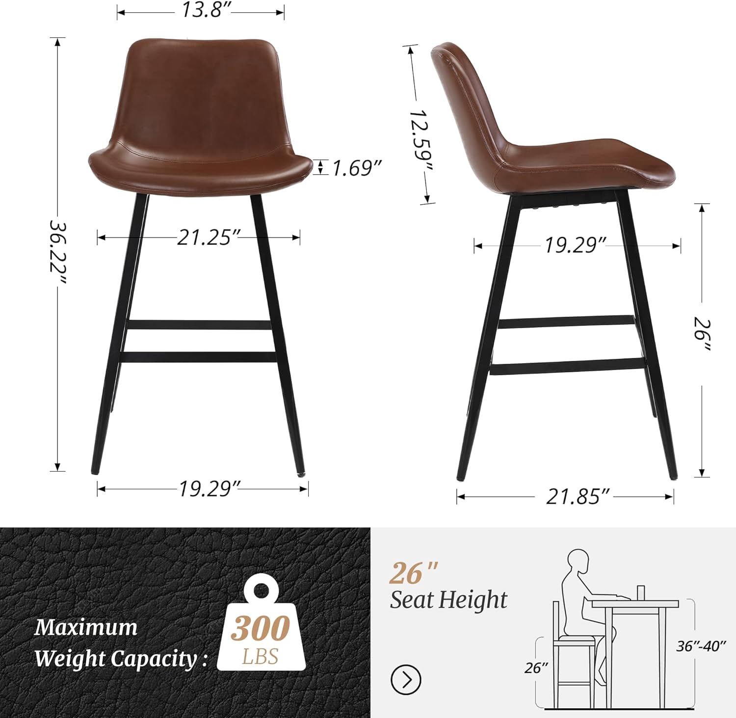 Dycanpo 26” Counter Height Bar Stools Set of 4, Modern Faux Leather, for Home Kitchen,Dark Brown