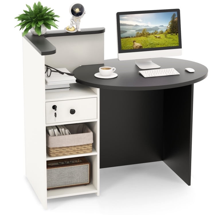 GVN Front Reception Office Desk with Open Shelf and Lockable Drawer-Black & White, Desk for Bedroom, Gaming Computer Desks for Study,Working,Writing GVN Front Reception Office Desk with Open Shelf and Lockable Drawer-Black & White, Desk for Bedroom, Gaming Computer Desks for Study,Working,Writing