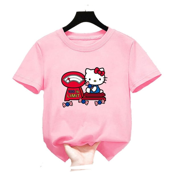 Camiseta de Hello Kitty para niños y niñas, ropa de calle de manga corta con cuello redondo, Jersey holgado, camisetas KT