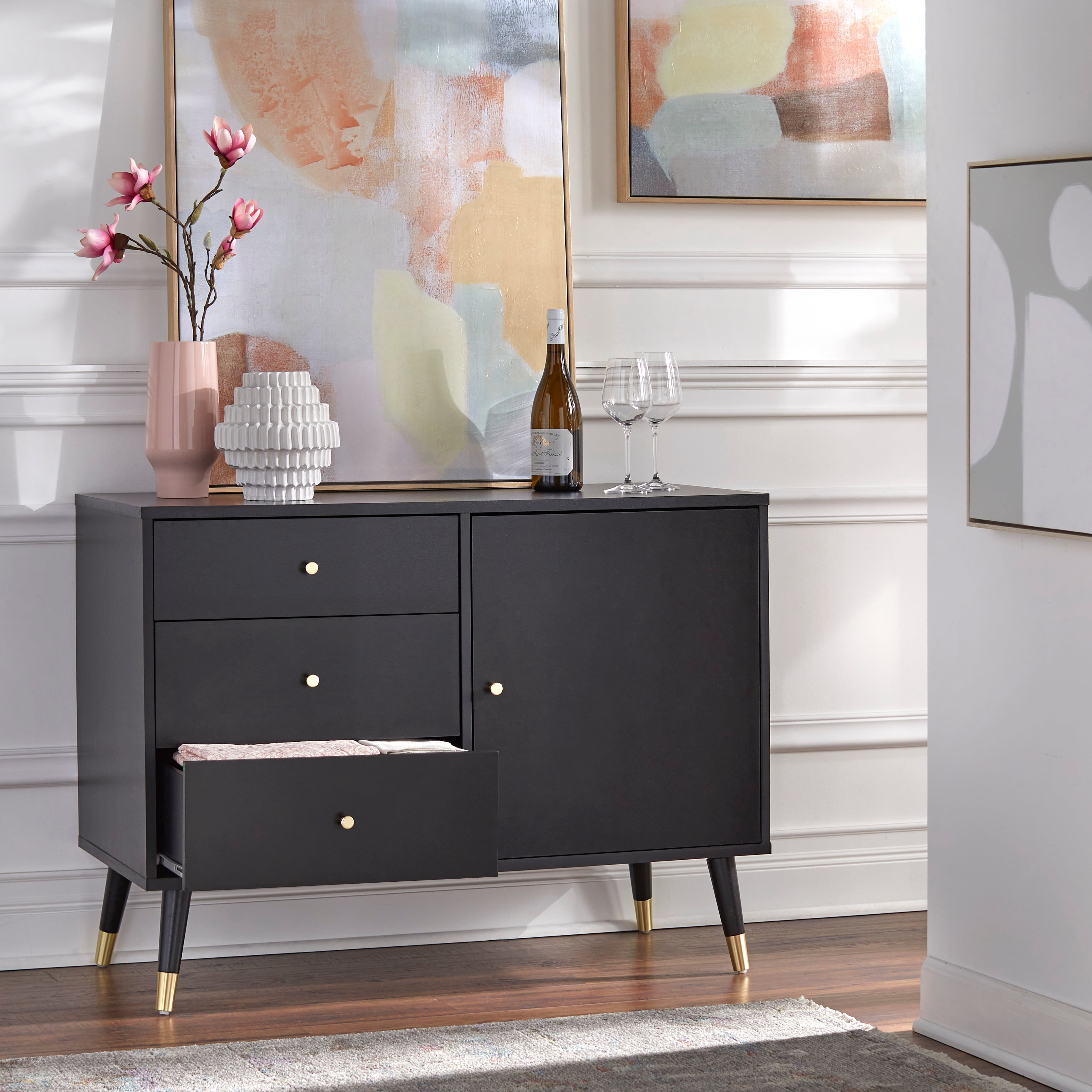 TMS Carroll 40” Wide Mid Century Modern Dining Sideboard Buffet, Black FinishBlack
