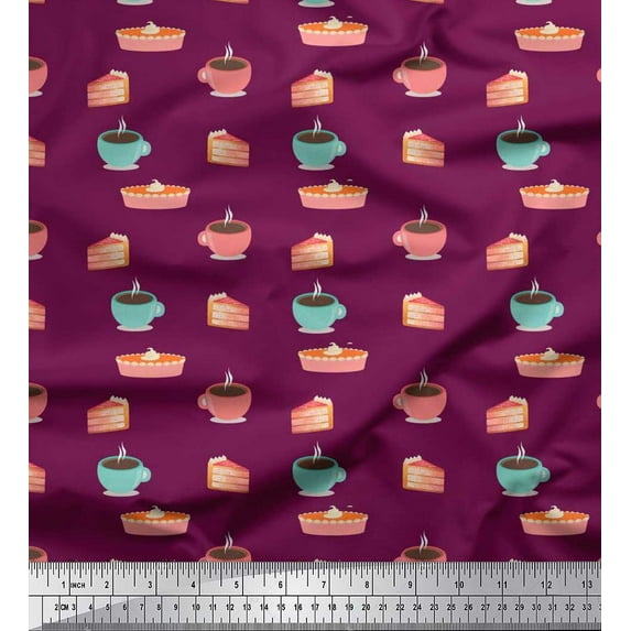 Soimoi Japan Crepe Satin Fabric Cake Slice & Coffee Beverages Decor Fabric Printed Yard 42 Inch Wide