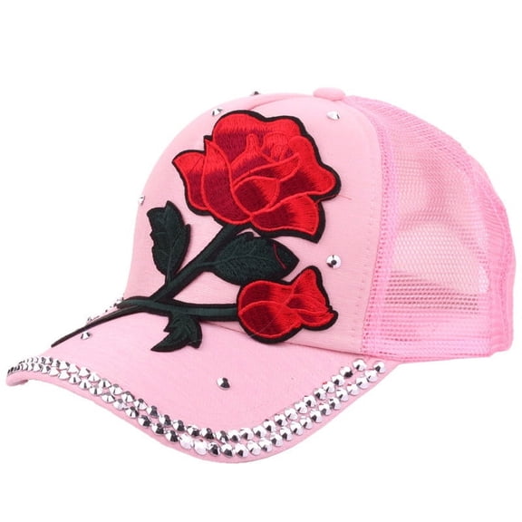 Women's Pink Red Rose Patch Baseball Cap Rhinestone Decor Sports Hat