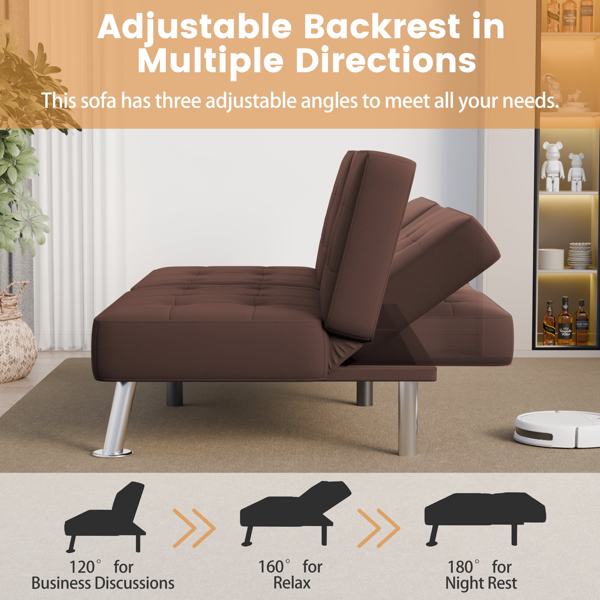 Vineego Futon Sofa Bed Folding Leather Modern Couch with 2 Cup Holders,Removable Armrests,Brown