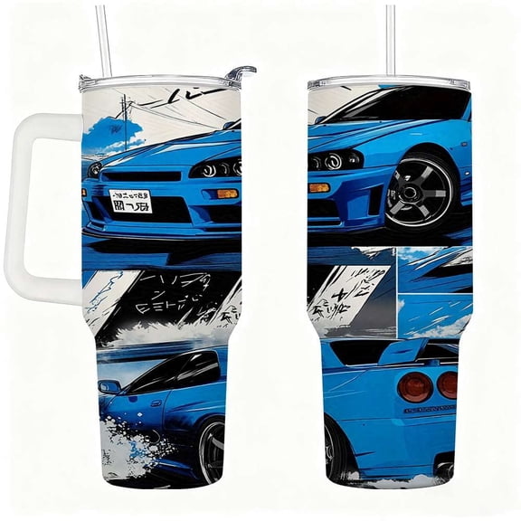 Blue Sports Car Tumbler with Handle, Stainless Steel Insulated Cup with Lid and Straw