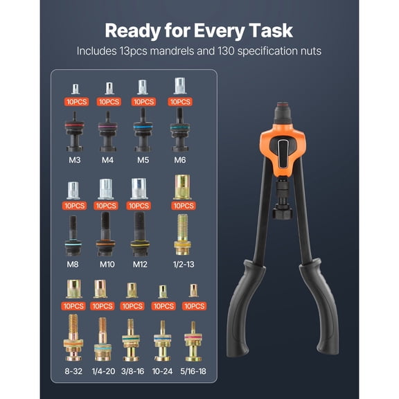 Rivet Nut Tool Kit,17-"Rivnut Tool Kit,with 13 Mandrels&130 Nuts,Metric&SAE Size M3,M4,M5,M6,M8,M10,M12,1/2-13,8-32,10-24,1/4-20,5/16-18,3/8-16 UNC,a Carrying Case