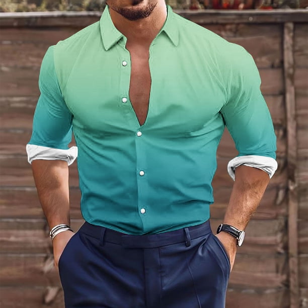 Blusa y camisa de manga larga con cuello vuelto para hombre, estilo casual, a la moda, con botones estampados, blusa de manga larga con cuello vuelto, camisetas de poliéster para hombre