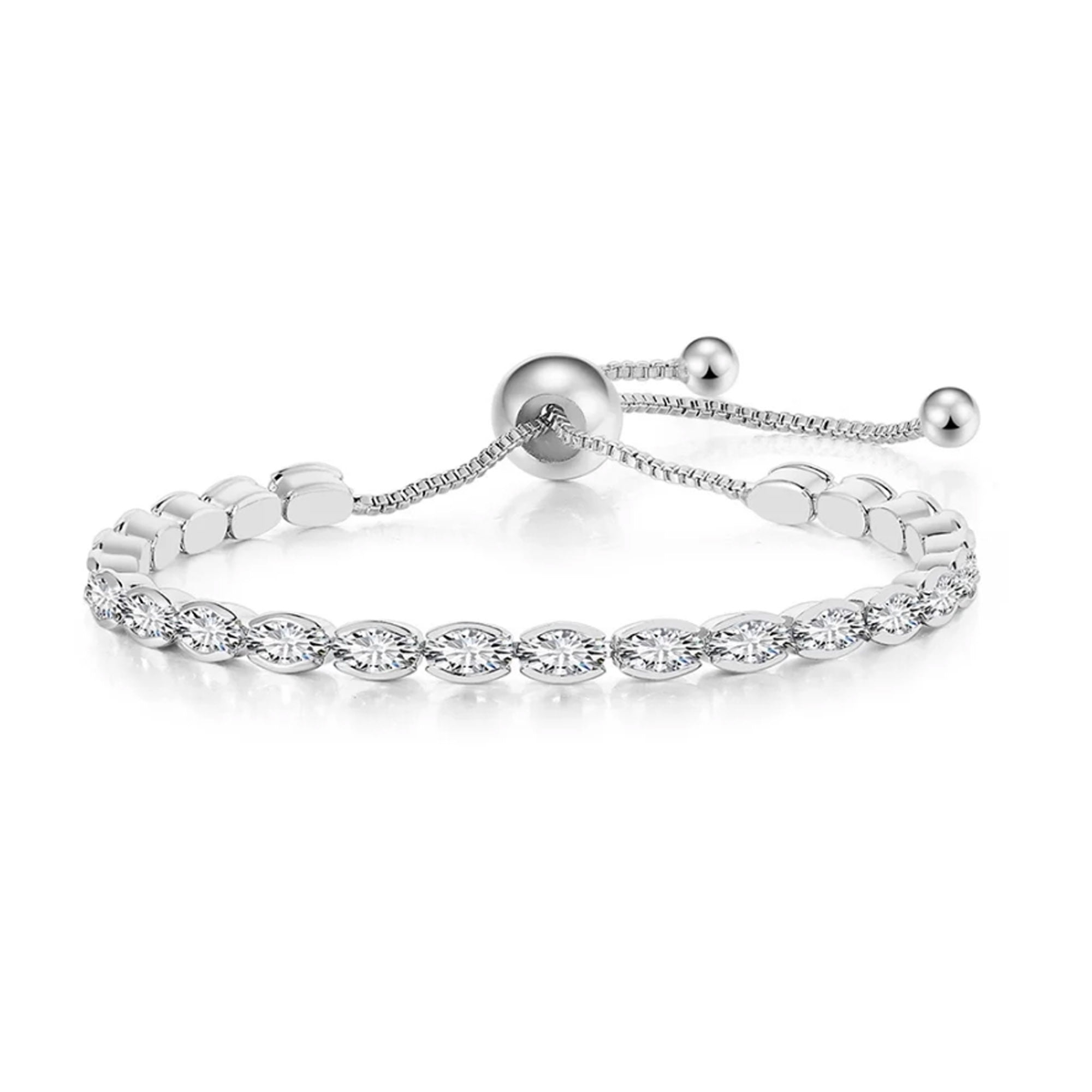 24K White Gold 7Ct Created White Sapphire Oval Adjustable Tennis Bracelet Unisex Plated by Paris Jewelry