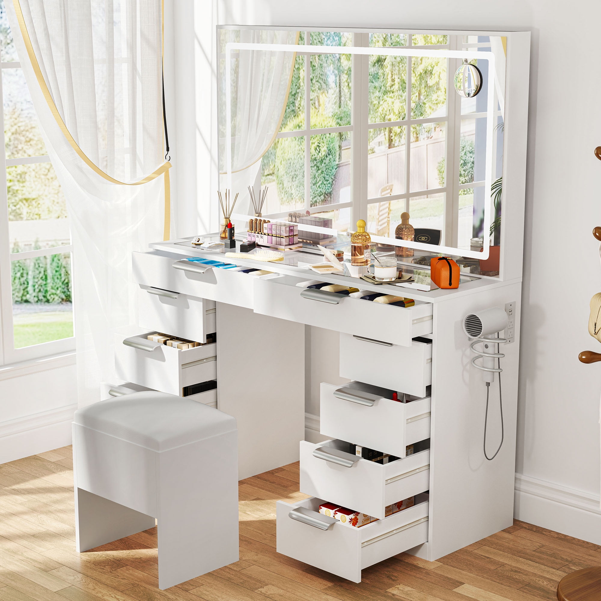 Uforic Makeup Vanity Dressers With Mirror, 10-Drawer Set, White Finish