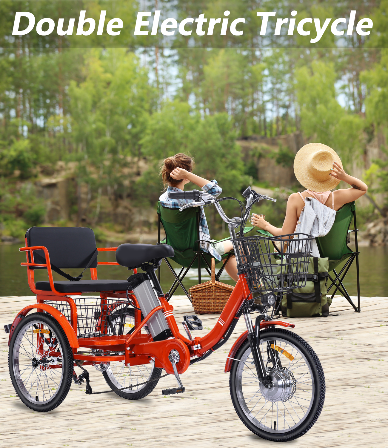 YEBEI Electric Tricycle for Adults Folding Electric Trike 3 Wheel Electric Trike with Two-Seater Large Basket Super Powerful Brushless 500W Motor 48V15AH Lithium Battery Max 20MPH E-Tricycle Orange