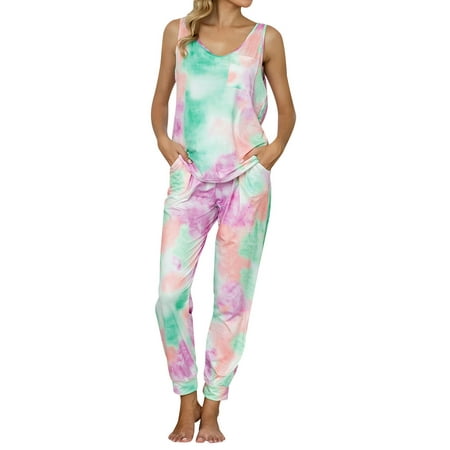 

HUBERY Women Round Neck Sleeveless Pocket Tie-Dyed Printed Sleepwear Set