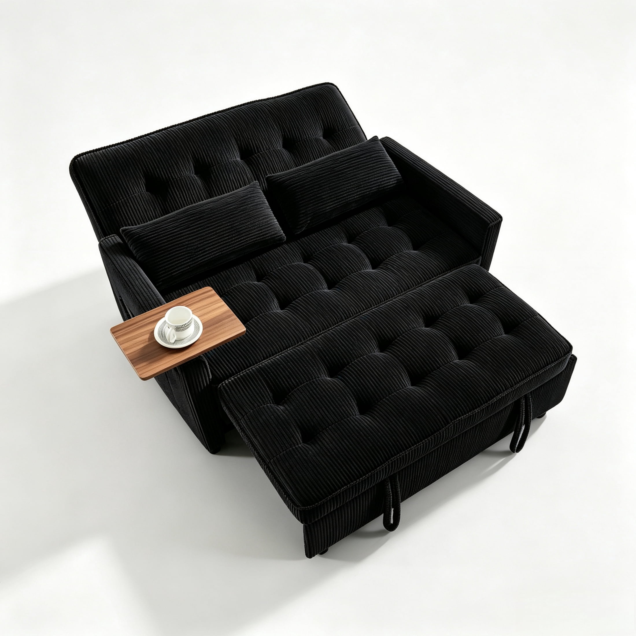Vinform 54" Convertible Sleeper Sofa Bed, 3 in 1 Pull Out Loveseat with Arm Table and USB Port for Small Spaces, Corduroy, Black