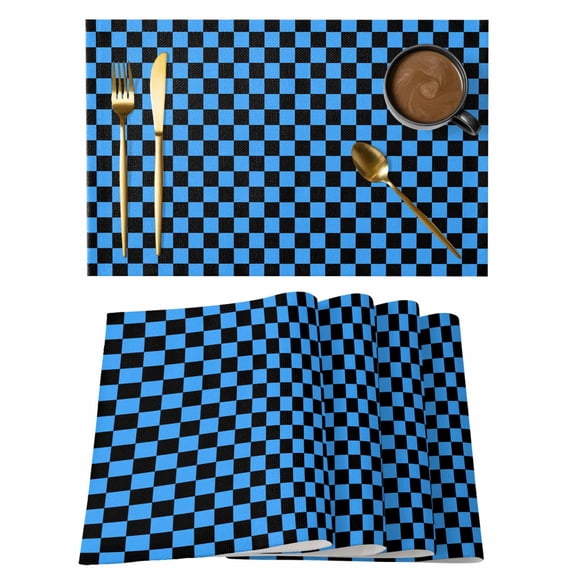 Blue Black Plaid Placemats Set of 8 Farmhouse Rustic Abstract Checkered Place Mats Indoor Wipeable Table Mats Washable Cloth Dining Table Placemats for Kitchen Holiday Party Home Decor 13x19 Inch