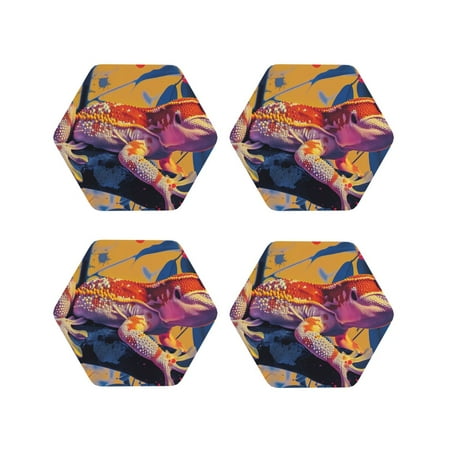

Tideii Colorful Gecko Jungle Art for Leather Coasters 4 Pieces Anti-fouling and Anti-scalding Decorative Coasters Suitable for Restaurants Kitchens Coffee Shops-Hexagon