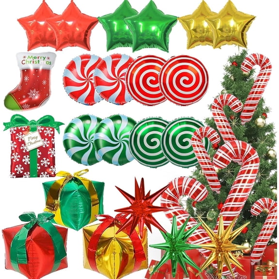 Christmas Foil Balloons Decorations, Large Christmas Candy Cane Swirl Mylar Stocking Explosion Star Gift Box Balloons, Red Green Balloons for Birthday and Candies Xmas Theme Party Decor