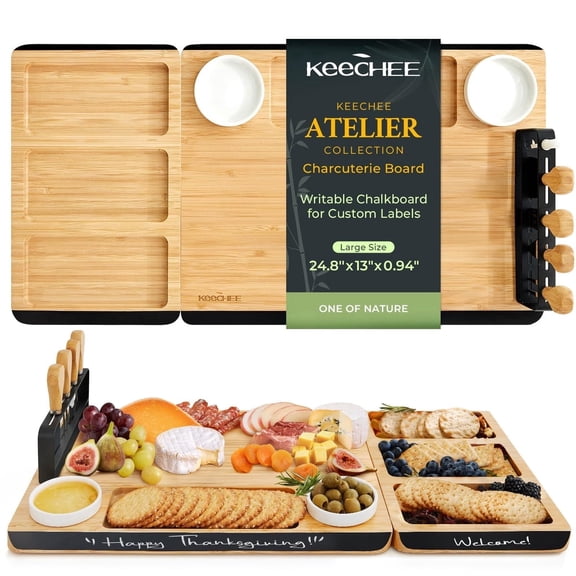 keechee Charcuterie Boards Set, Large Bamboo Cheese Board Set with Chalkboard Edge & Forks Set - Ideal for Housewarming Gift, Weddings, Bridal Showers, and Unique Gifts for Womem