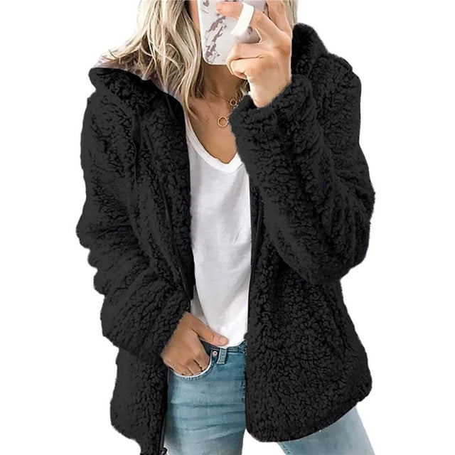 Chaqueta Ligera y Cálida para Mujer, Grandes, con Capucha y Cremallera, Abrigo de Invierno de Forro , Cárdigan Suave y Afelpado con Bolsillos. Negro XXXL