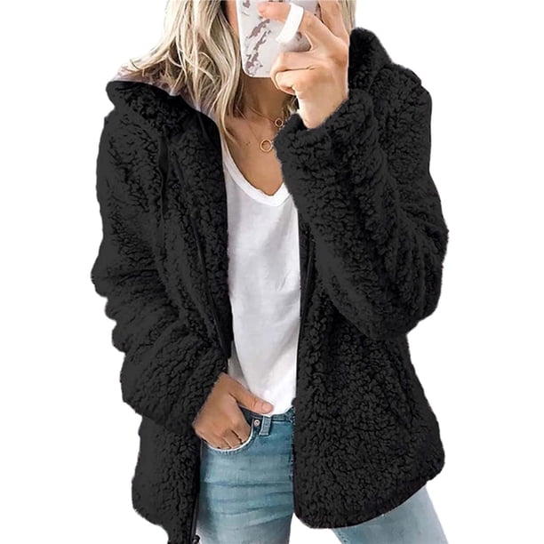 Chaqueta Ligera y Cálida para Mujer, Grandes, con Capucha y Cremallera, Abrigo de Invierno de Forro , Cárdigan Suave y Afelpado con Bolsillos. Negro M