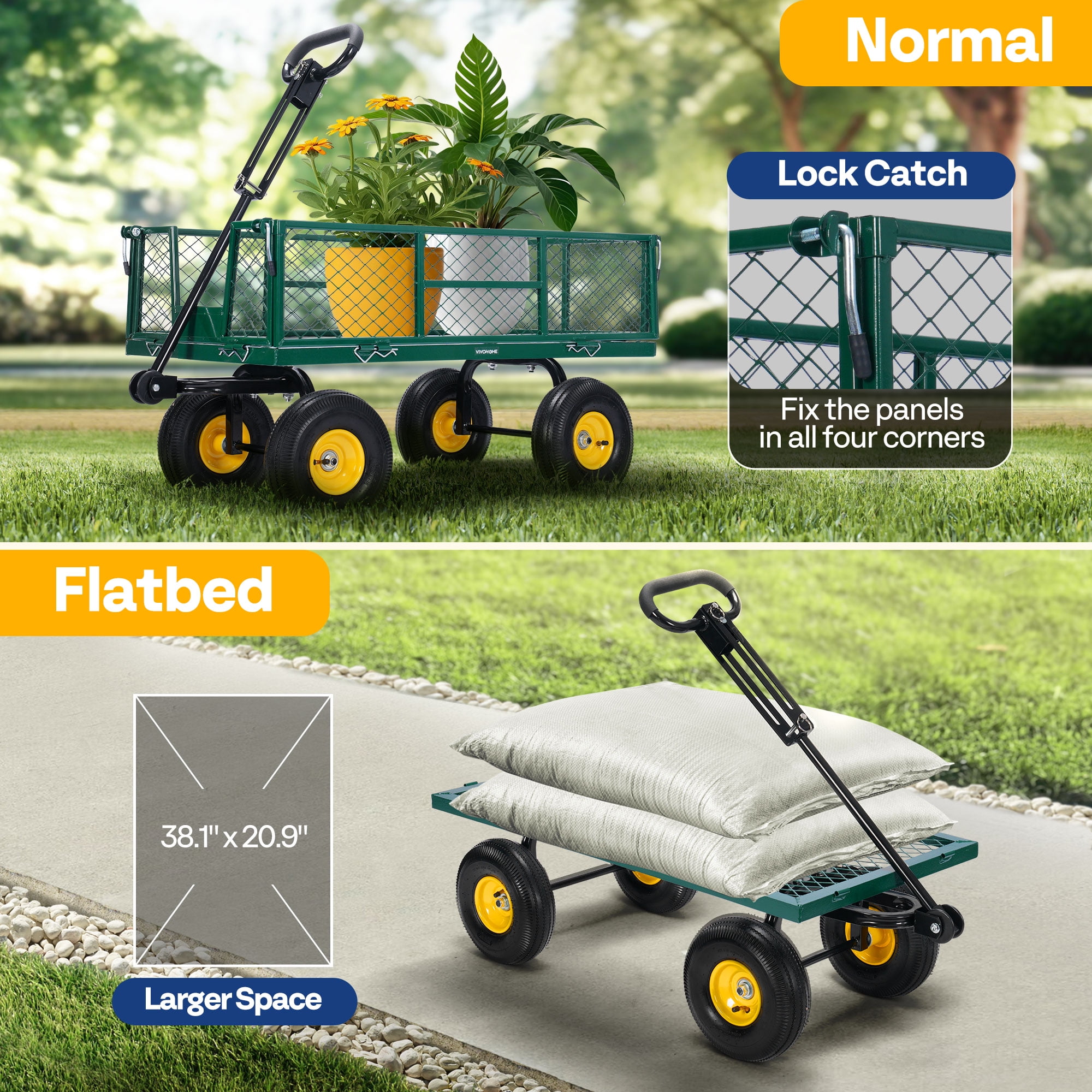 SPECSTAR Steel Wagon Cart 900lbs Capacity, with 10 inch Tire and Handle Attach to ATV or Tractor, Green