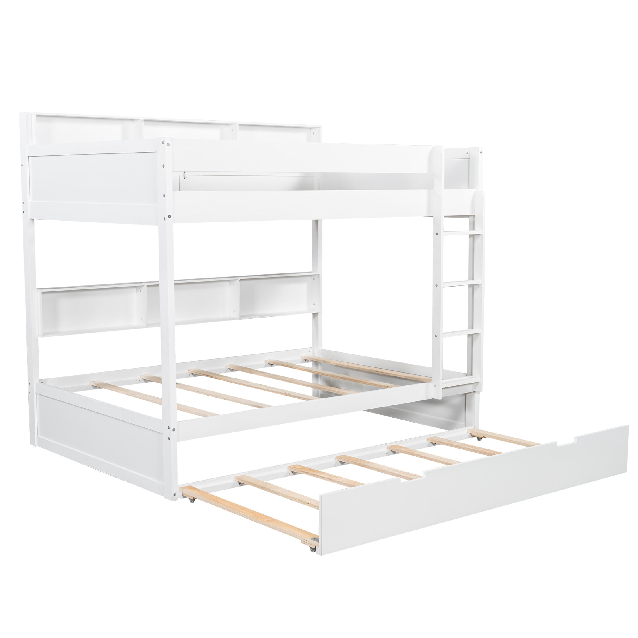 Noble House Erika Twin over Twin Bunk Bed with Pull-out Trundle and Integrated Storage Shelves, Antique White