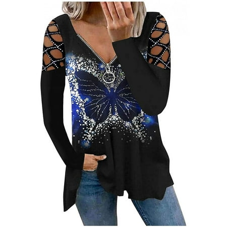 

Women s Hollow Out Zipper Print V-Neck T-Shirt Long Sleeve Casual Tops