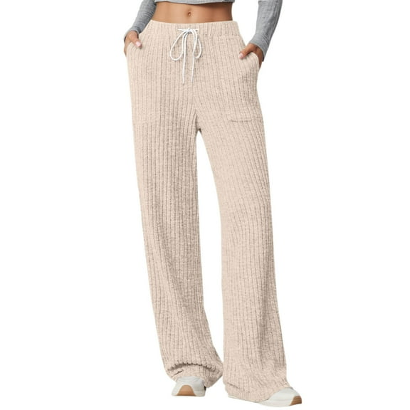 Rhuody Womens Pants Casual Straight Leg Fall Winter Trousers Elastic Waist Soft Knitted Ribbed Texture High Rise Pocket Pants Lightweight Clothing Beige L