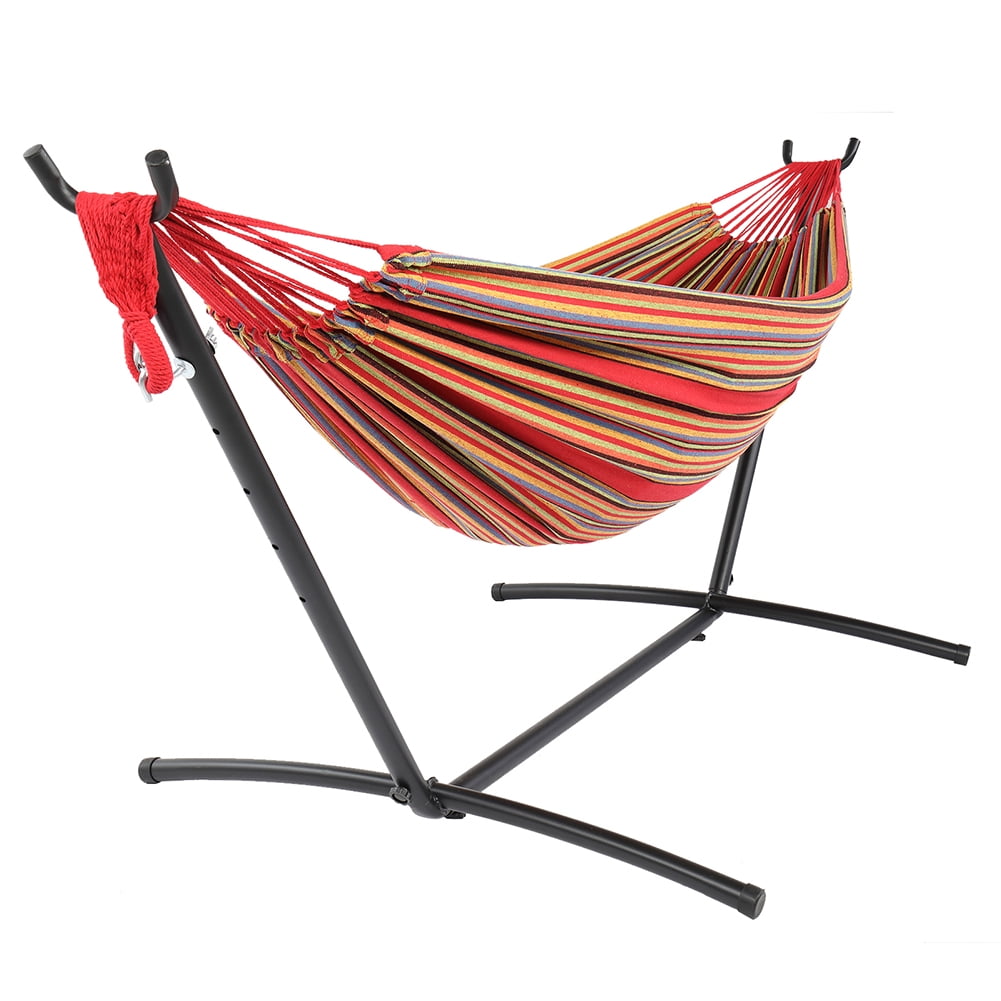 Private Jungle 9ft Steel Pipe Hammock Frame with Cotton Hammock, Natural Rope Iron Hammock Set For Garden, Outdoor, Red Private Jungle 9ft Steel Pipe Hammock Frame with Cotton Hammock, Natural Rope Iron Hammock Set For Garden, Outdoor, Red