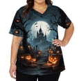 thumbnail image 3 of Halloween Scrub Tops for Women Cute Ghost & Pumpkin Print V Neck Nursing Shirt Plus Size Nurse Scrubs with Pockets Blue 5XL, 3 of 5