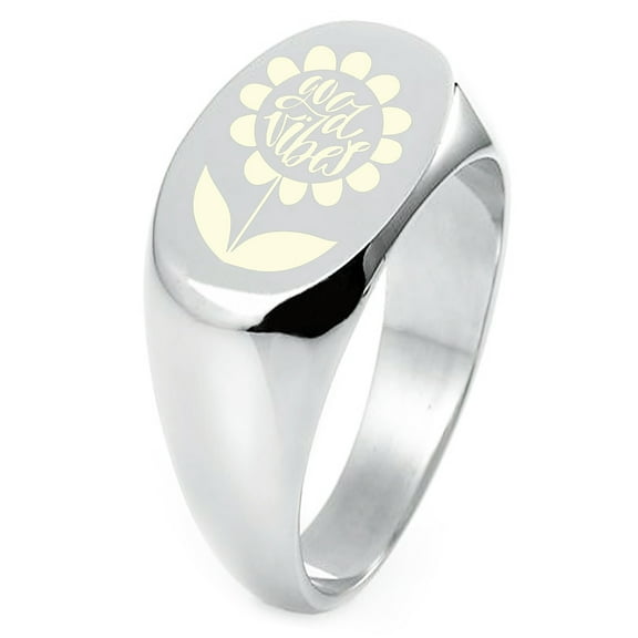 Sterling Silver Good Vibes Sunflower Engraved Oval Flat Top Polished Ring
