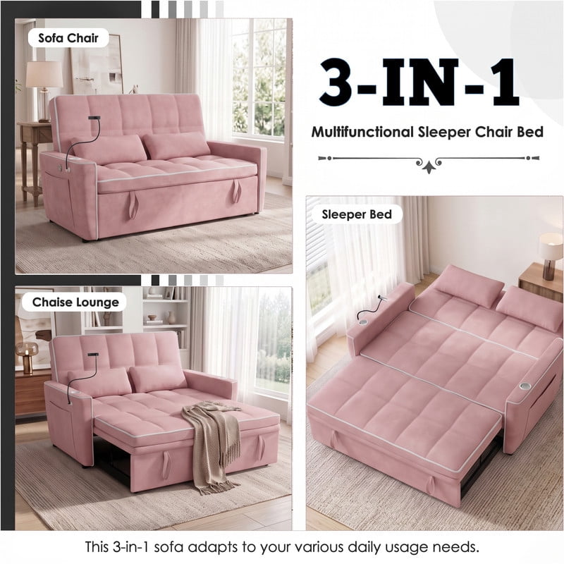 Anpport 54" 3‑in‑1 Convertible Sleeper Sofa Bed, Loveseat with White Trim, USB Charging Port, Phone Stand, 2 Cup Holders and 2 Pillows for Living Room, Bedroom and Apartment, Pink