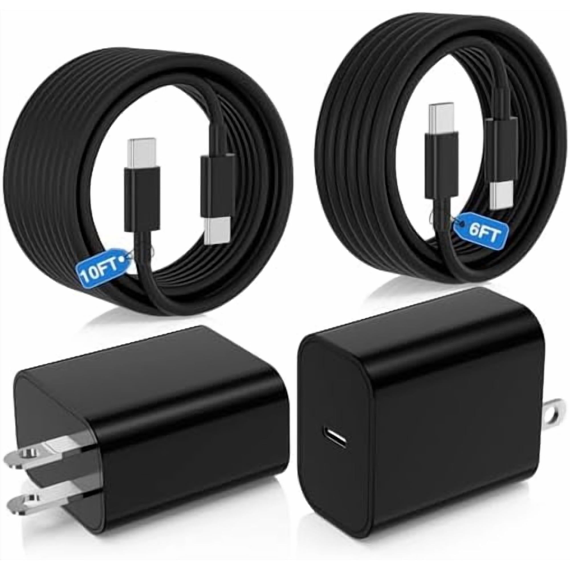 2‑Pack 25W USB‑C Super Fast Charger Block with 6FT & 10FT USB‑C Cables, Black Charging Kit for Samsung Galaxy S26 S25 S24 S23 S22 S21 Plus Ultra, iPhone 17 16 15 and Android Phones