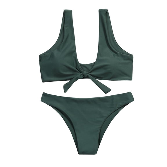 DHFJKG Swim Suits For Women 2026 Tie Front Padded Bikini Set Mid Rise Thong Swimsuit Solid Color 2 Piece Bathing Suit Vacation Beachwear