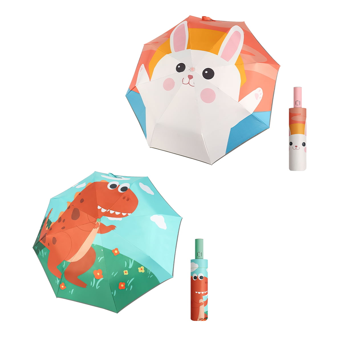 Kepooman 2 PACKS Lightweight Folding Compact Umbrella, Portable Fully Automatic Children's Umbrella, Sun & Rain Umbrellas Windproof Parasol for Kid, Pink- White Rabbit & Green- Dinosaur Paradise