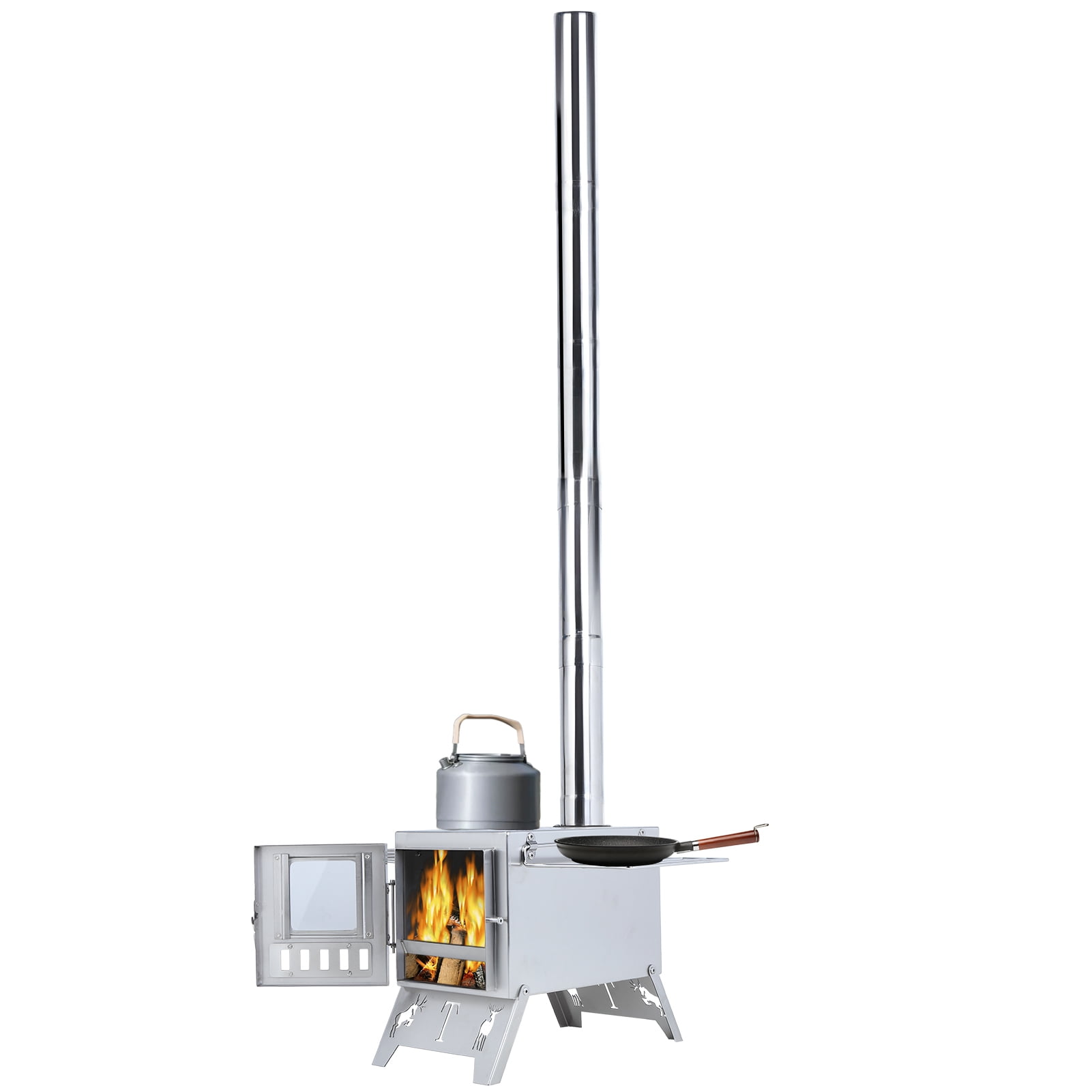 Wliqien Wood Burning Stove with 5 Pipes Accessories, Visible Window Side Panels Heating Cooking Hot Tent Stove, Large Firebox Stainless Steel Stove for Outdoor, Camping, Hunting, Ice Fishing