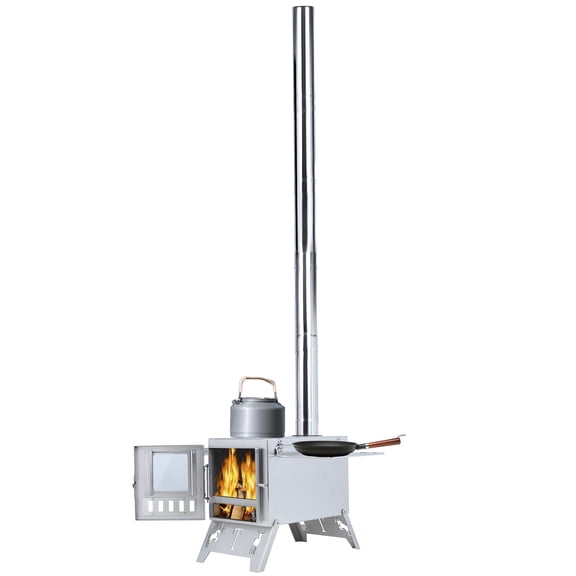 Lanzxjv Wood Burning Stove with 5 Pipes Accessories, Visible Window Side Panels Heating Cooking Hot Tent Stove, Large Firebox Stainless Steel Stove for Outdoor, Camping, Hunting, Ice Fishing