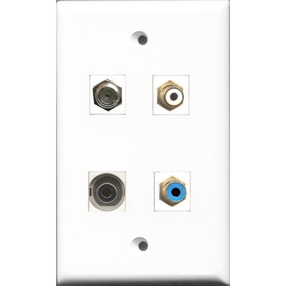 RiteAV 1 Port RCA White and 1 Port RCA Blue and 1 Port Coax Cable TV- F-Type and 1 Port 3.5mm Wall Plate