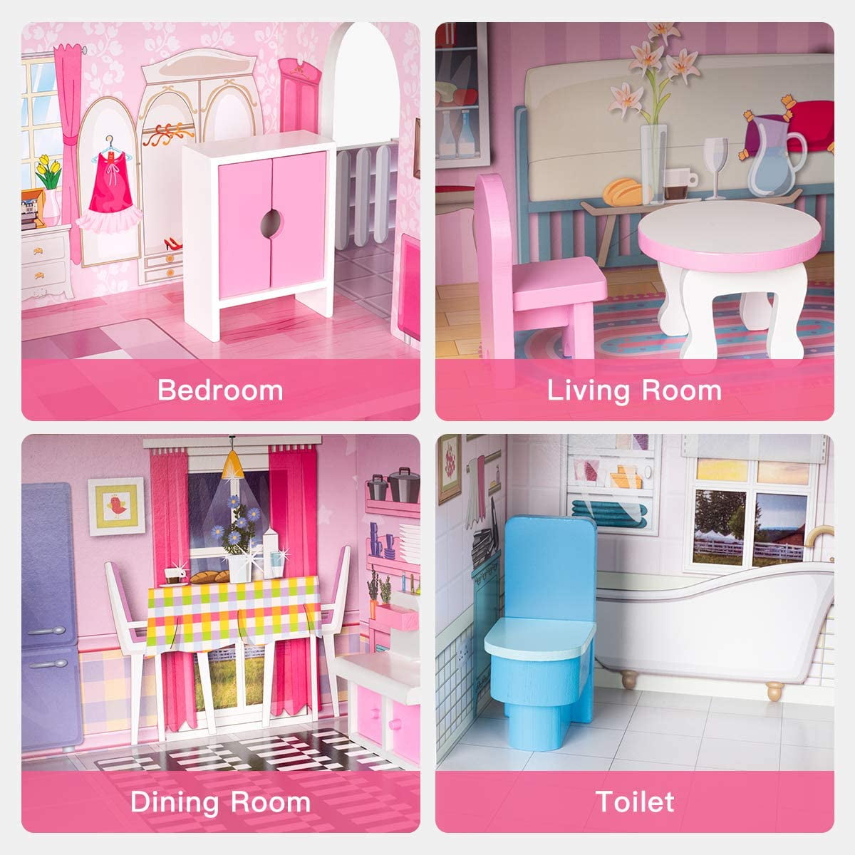 ROBUD Wooden Dollhouse with Furniture, Pretend Play Doll House ...