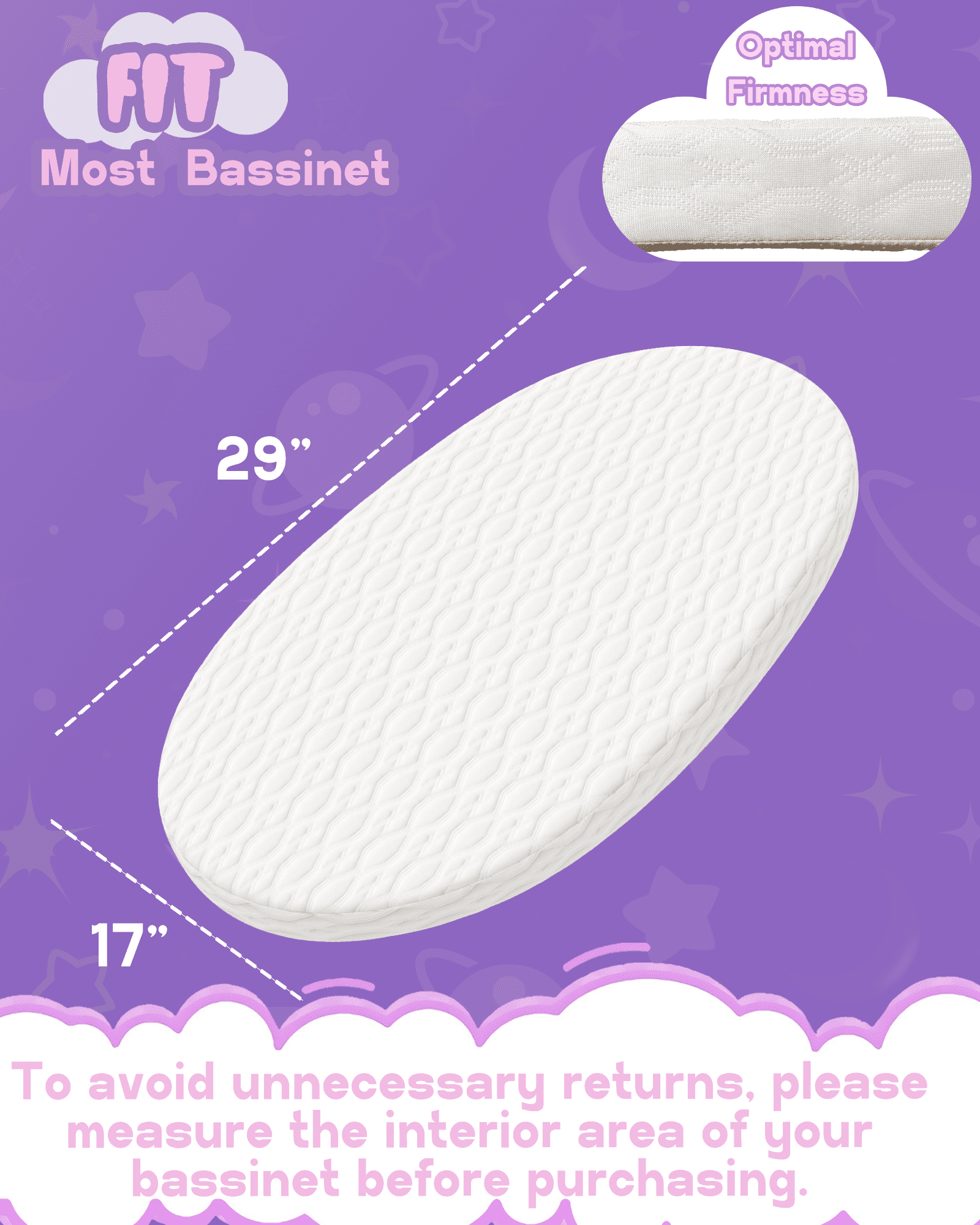 Wellzee Oval Bassinet Mattress 29"x17", Fits for 4moms MamaRoo Bassinet, Skin-Friendly Materials, 100% Breathable & Washable Cover, Waterproof Lining, Suppotive High-Density Foam