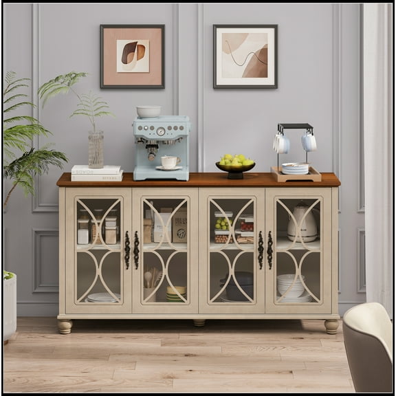 Elegant European Antique Style 4-Door Cabinet with Tempered Glass Doors,for Dining Room,Living Room,Hallway,Easy Assembly