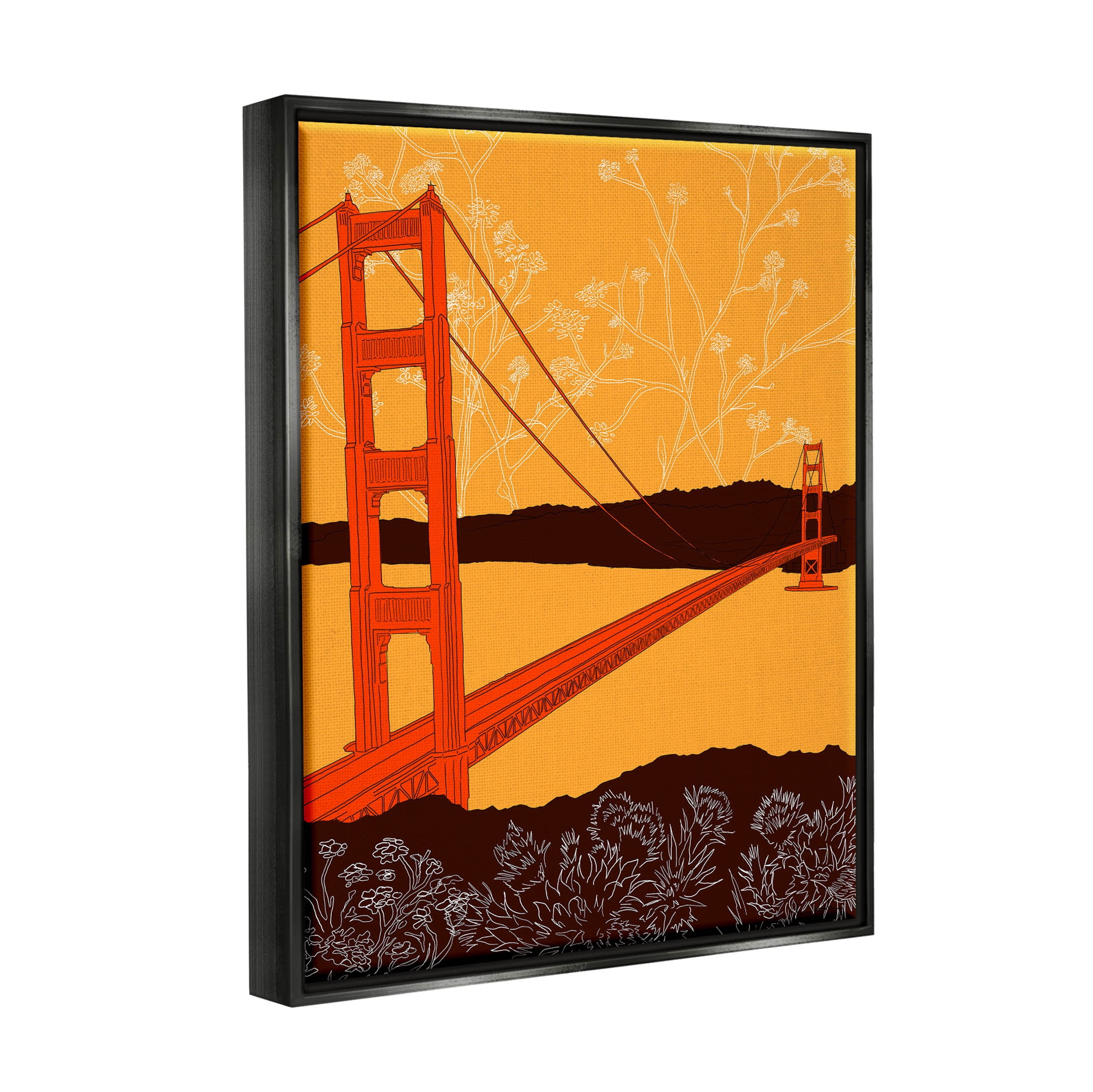 Stupell Industries Floral Pattern Water Bridge Graphic Art Jet Black Floating Framed Canvas Print Wall Art, Design by Shane Donahue