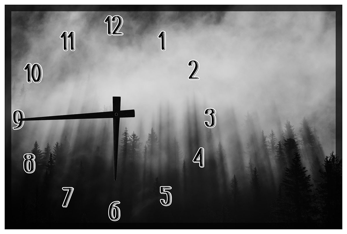 Wood Wall Clock Black and White Pines in Foggy Night Sky Home Decor