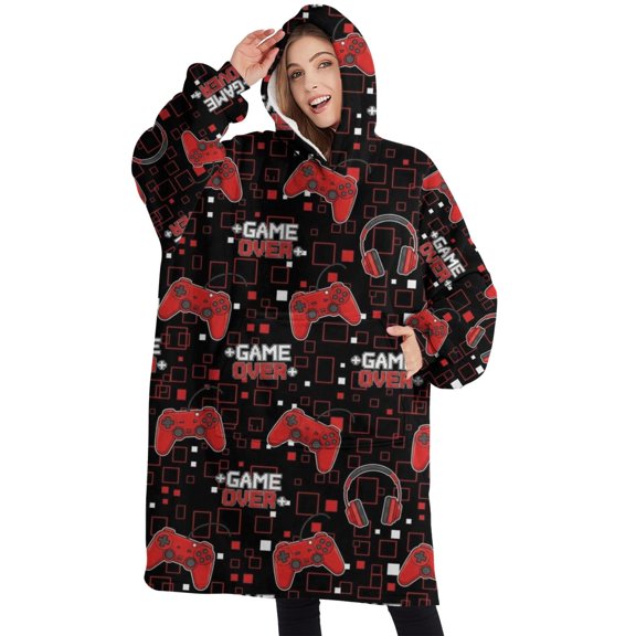 Oversized Wearable Blanket Hoodie,Red Controllers Games Icons Black Pattern Sherpa Blanket Hoodie with Super Pockets,Super Warm Fuzzy Pullover for Women & Men