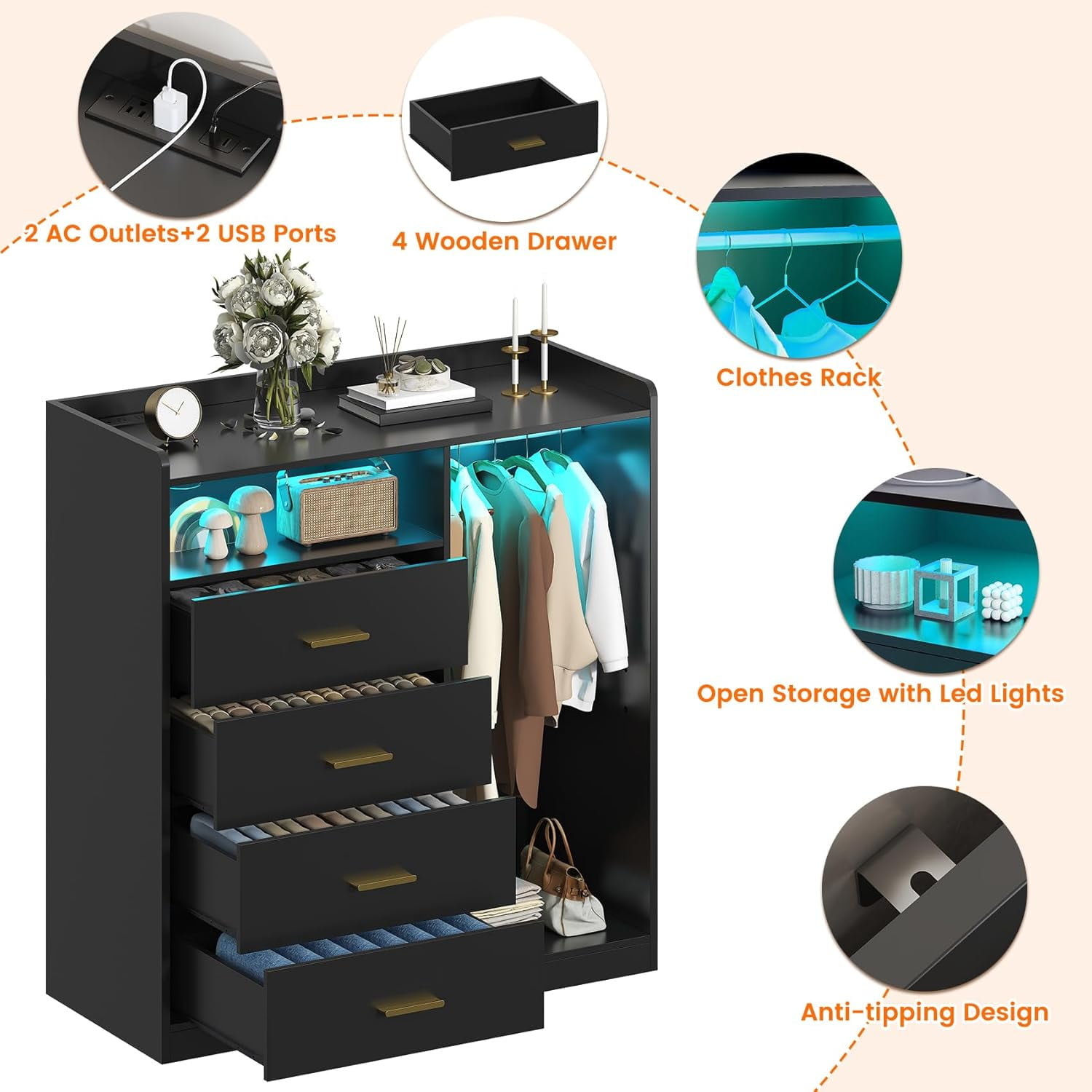 Winkalon 4 Drawer Dresser with Clothing Rack and LED Lights,Modern LED Dresser for Bedroom,Black