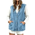thumbnail image 5 of Women’s Loose Fit V Neck Denim Vest Sleeveless Button up Waistcoat with Pockets, Solid Color Casual Jean Vest for Spring Fall Blue, 5 of 8