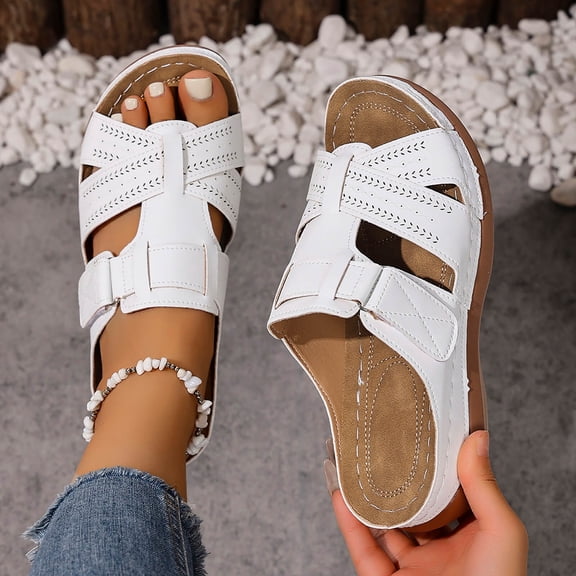 Womens Orthopedic Slide Sandals Comfortable Wedge Heel Slip on Sandals Casual Cutout Summer Open-Toe Beach Walking Shoes Slippers
