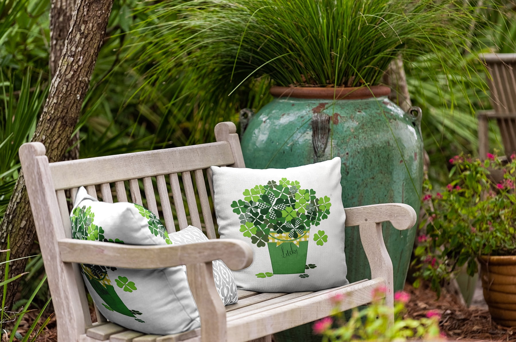 20" x 20" Simply Daisy Bucket of Shamrocks Polyester Indoor/Outdoor Pillow, Leaf Green Qty 1