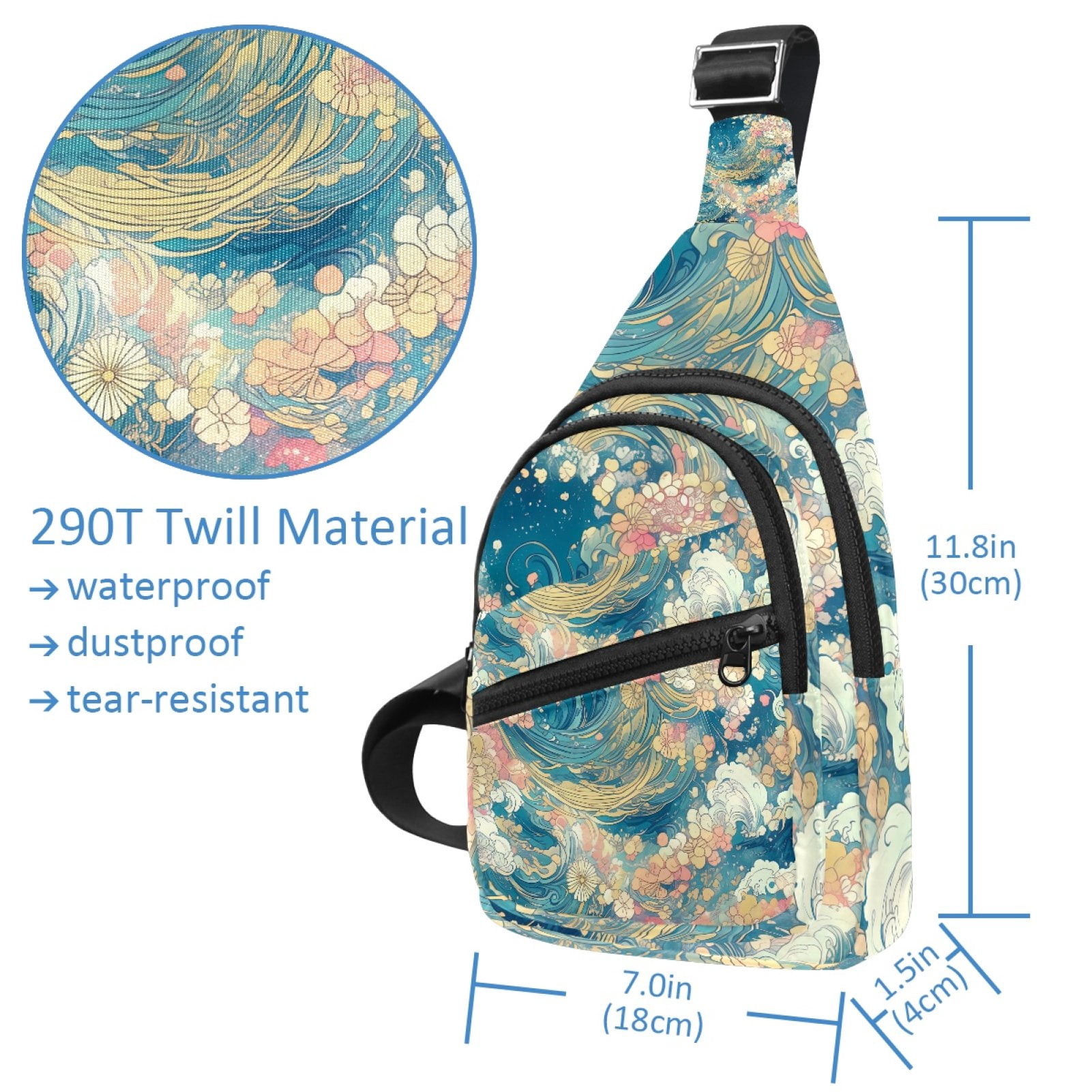 ERJLKXP Wave and Floral Vintage Japanese Abstract Small Mens Women Crossbody Chest Bag, Travel Over Shoulder Sling Bag Backpack Men Side Bag,Daypack