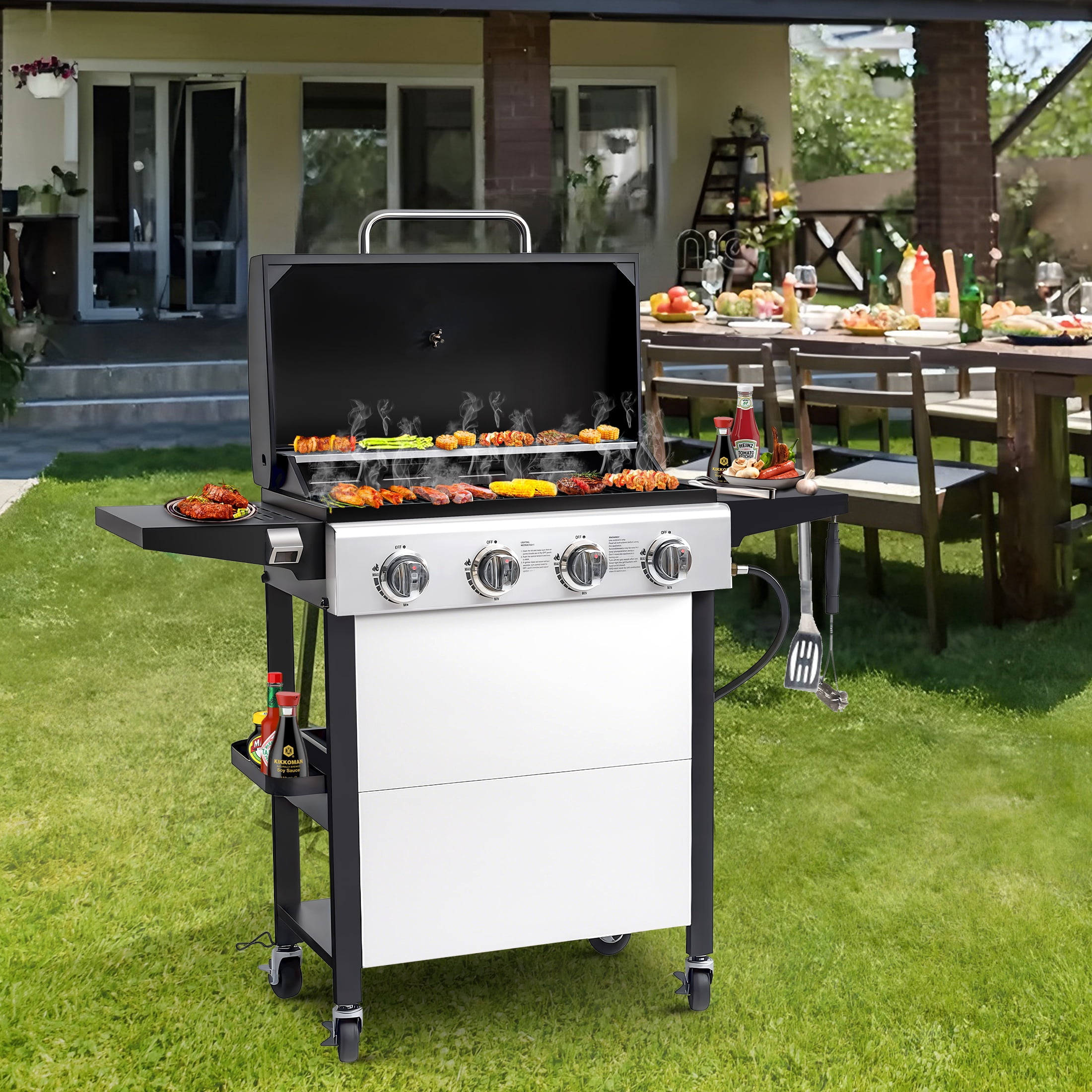 Segmart 4 Burner BBQ Propane Gas Grill, Stainless Steel 40,000 BTU Patio Garden Barbecue Grill with Folding Side Tables, Hanging Basket & Thermometer, Perfect for Camping, Outdoor Cooking